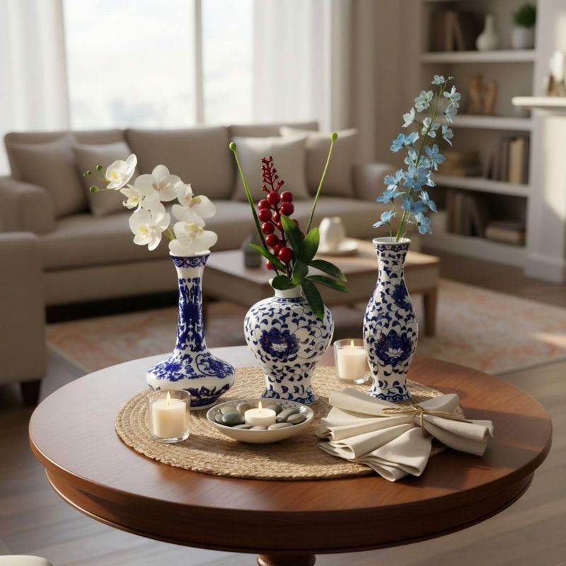Juego de 3 Mini Floreros de Cerámica Azul y Blanca LANLONG