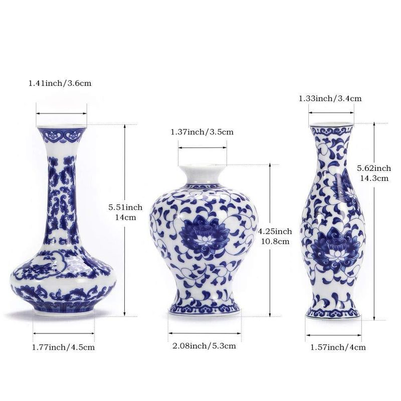 Juego de 3 Mini Floreros de Cerámica Azul y Blanca LANLONG