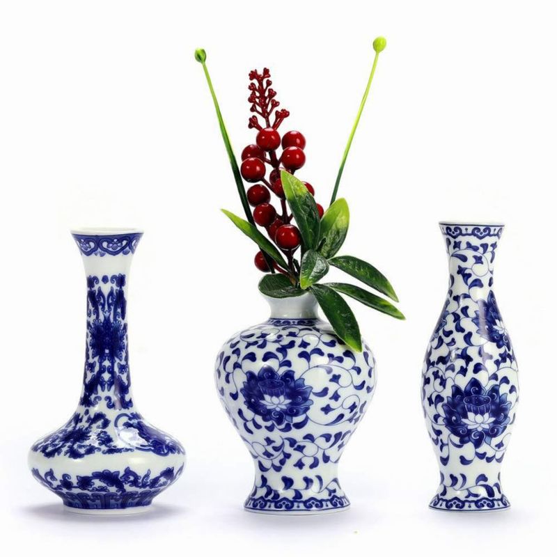 Juego de 3 Mini Floreros de Cerámica Azul y Blanca LANLONG