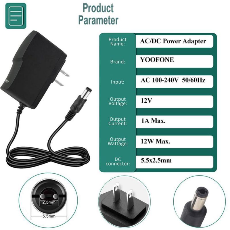 Fuente de alimentación YOOFONE 12V 1A 100-240V 5.5x2.5mm
