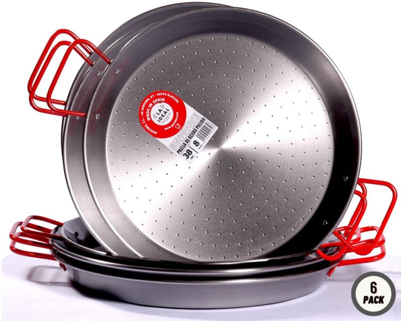 Paellera Garcima de 38 cm Acero al Carbono Pack de 6 Plateado/Rojo
