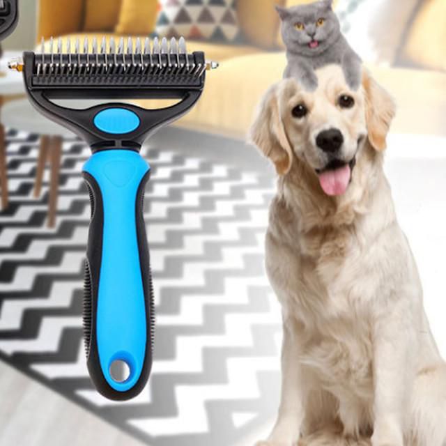 Cepillo desenredador para mascotas azul y negro con cuchilla de metal, peine de pelo para perros y gatos con mango antideslizante azul.HOGAWAY