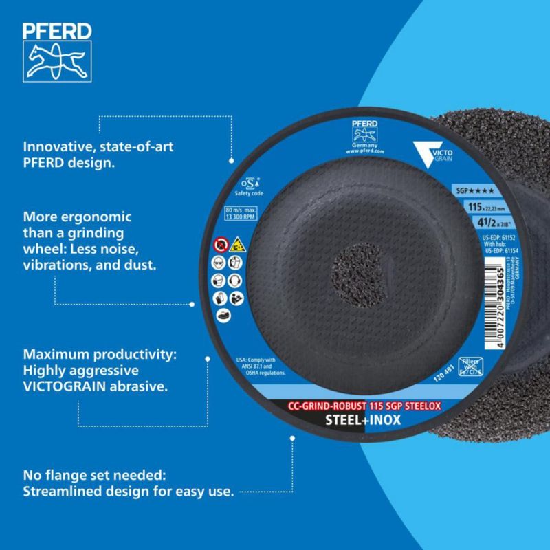 Disco de Desbaste PFERD 115 mm 7/8" 10 uds CC‑Grind‑Robust