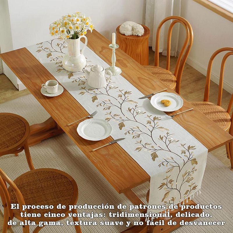 Mantel blanco crema con bordado de hojas y flecos blancos, mantel corrido decorativo para mesa de comedor medida 33x350.HOGAWAY