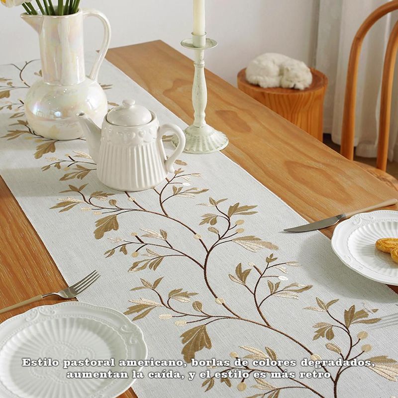 Mantel blanco crema con bordado de hojas y flecos blancos, mantel corrido decorativo para mesa de comedor medida 33x350.HOGAWAY