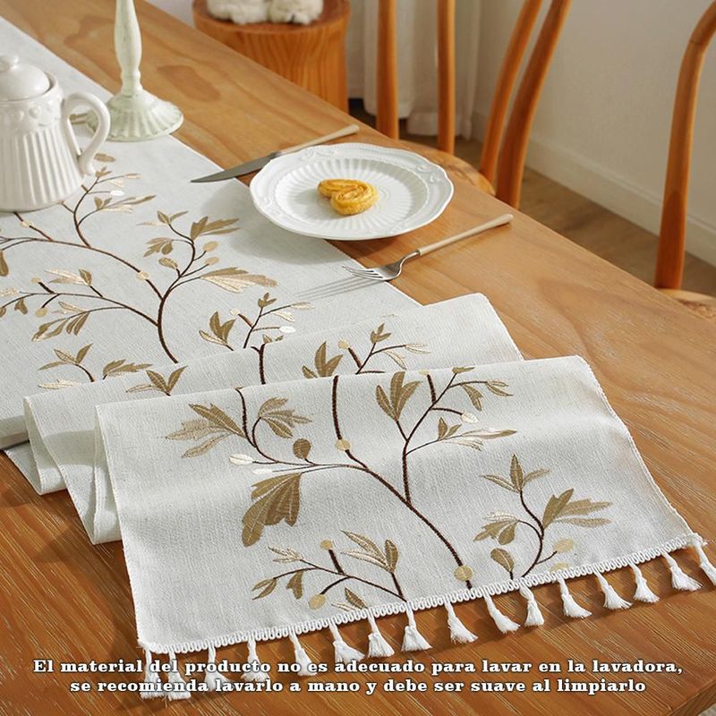 Mantel blanco crema con bordado de hojas y flecos blancos, mantel corrido decorativo para mesa de comedor medida 33x350.HOGAWAY