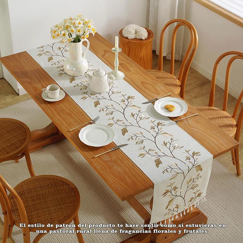 Mantel blanco crema con bordado de hojas y flecos blancos, mantel corrido decorativo para mesa de comedor medida 33x350.HOGAWAY