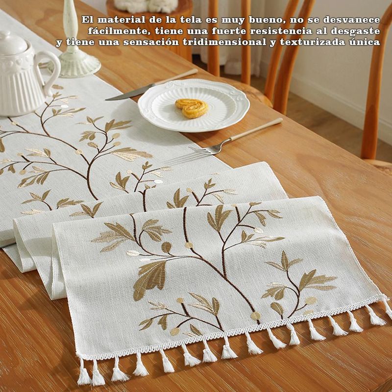Mantel blanco crema con bordado de hojas y flecos blancos, mantel corrido decorativo para mesa de comedor medida 33x350.HOGAWAY