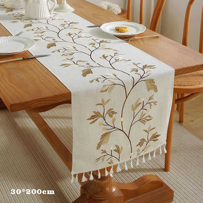 Mantel blanco crema con bordado de hojas y flecos blancos, mantel corrido decorativo para mesa de comedor medida 33x350.HOGAWAY