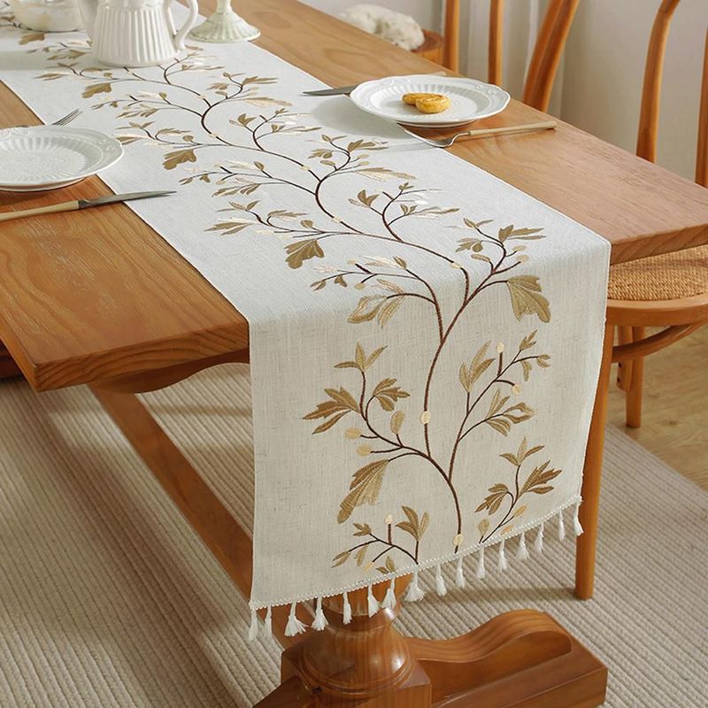 Mantel blanco crema con bordado de hojas y flecos blancos, mantel corrido decorativo para mesa de comedor medida 33x350.HOGAWAY