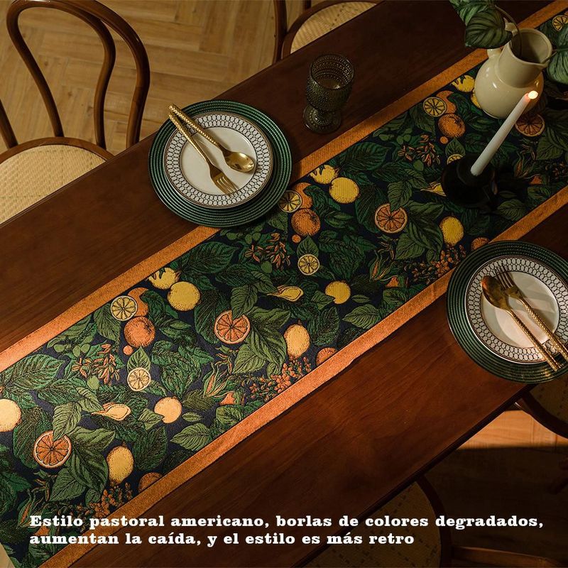 Mantel verde oscuro con flores amarillas y azules y flecos, mantel corrido decorativo para mesa de comedor medida 35x140.HOGAWAY