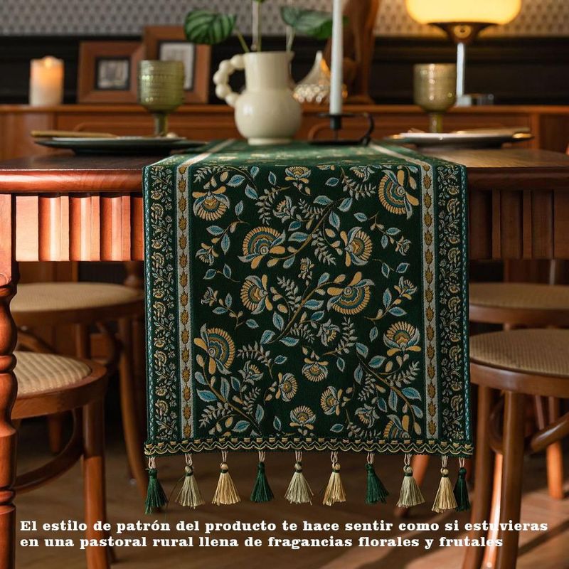 Mantel verde oscuro con flores amarillas y azules y flecos, mantel corrido decorativo para mesa de comedor medida 35x140.HOGAWAY