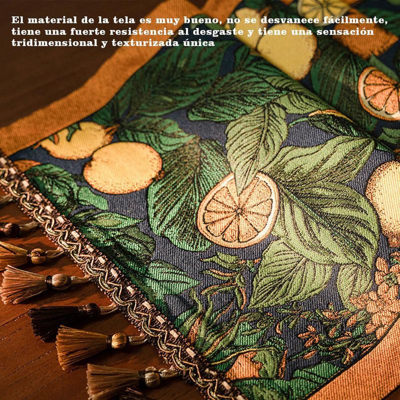 Mantel verde oscuro con flores amarillas y azules y flecos, mantel corrido decorativo para mesa de comedor medida 35x140.HOGAWAY