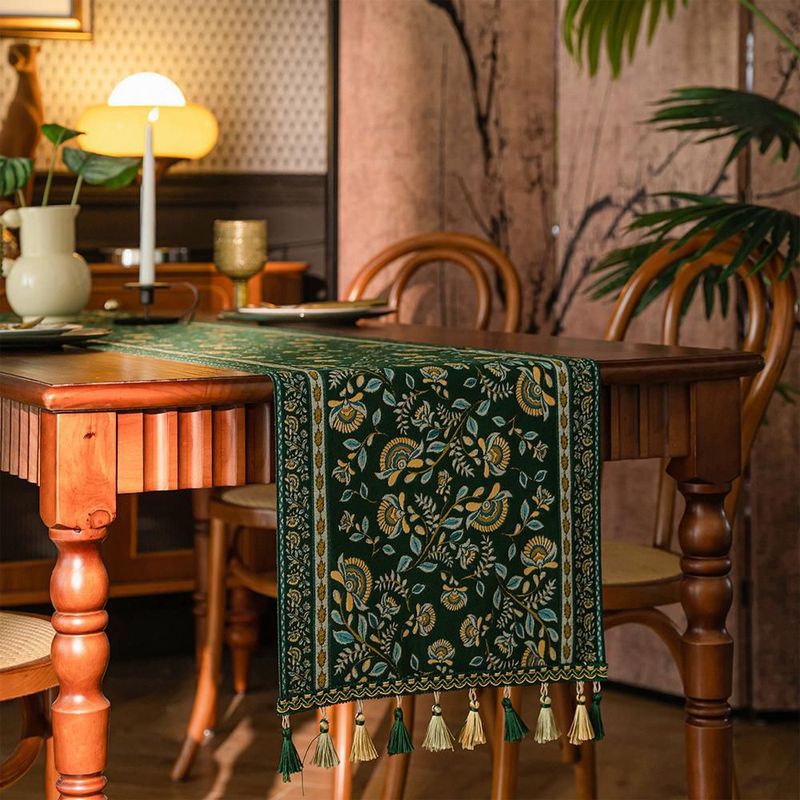 Mantel verde oscuro con flores amarillas y azules y flecos, mantel corrido decorativo para mesa de comedor medida 35x140.HOGAWAY