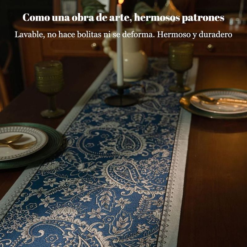 Mantel azul con estampado de cachemir y flecos de colores, mantel corrido decorativo para mesa de comedor medida 35x180.HOGAWAY
