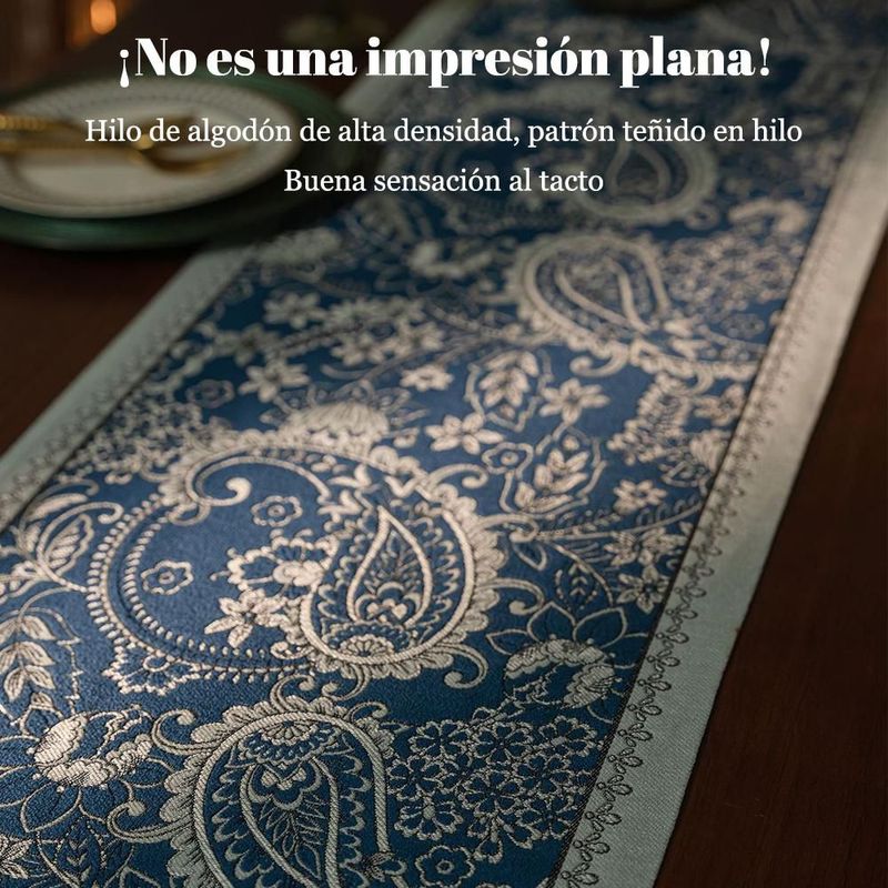 Mantel azul con estampado de cachemir y flecos de colores, mantel corrido decorativo para mesa de comedor medida 35x180.HOGAWAY