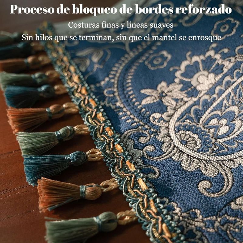 Mantel azul con estampado de cachemir y flecos de colores, mantel corrido decorativo para mesa de comedor medida 35x180.HOGAWAY