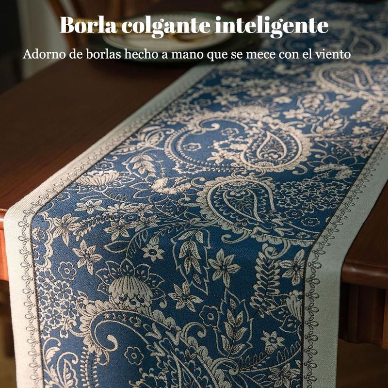 Mantel azul con estampado de cachemir y flecos de colores, mantel corrido decorativo para mesa de comedor medida 35x180.HOGAWAY