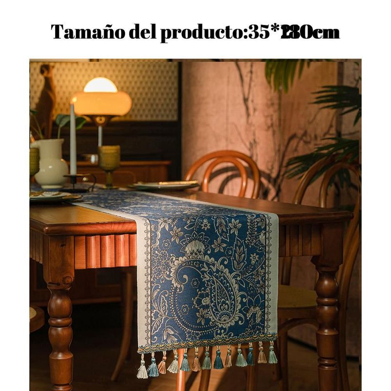 Mantel azul con estampado de cachemir y flecos de colores, mantel corrido decorativo para mesa de comedor medida 35x180.HOGAWAY