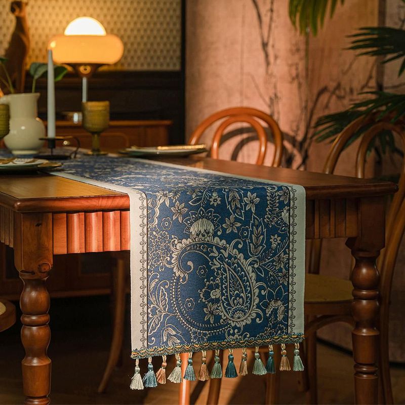 Mantel azul con estampado de cachemir y flecos de colores, mantel corrido decorativo para mesa de comedor medida 35x180.HOGAWAY