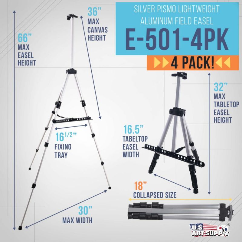 Caballete de trípode U.S. Art Supply 168 cm Pack de 4 Plateado