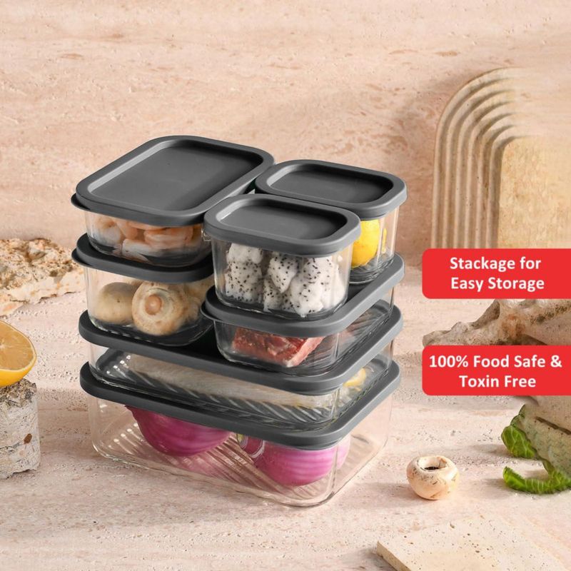 Set de 7 recipientes de vidrio gris para almacenamiento de alimentos EATEX