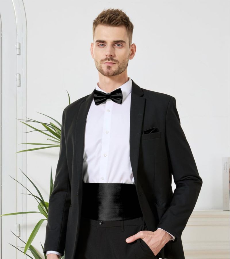 Set de corbata de moño PenSee negro con pañuelo de bolsillo mediano y fajín