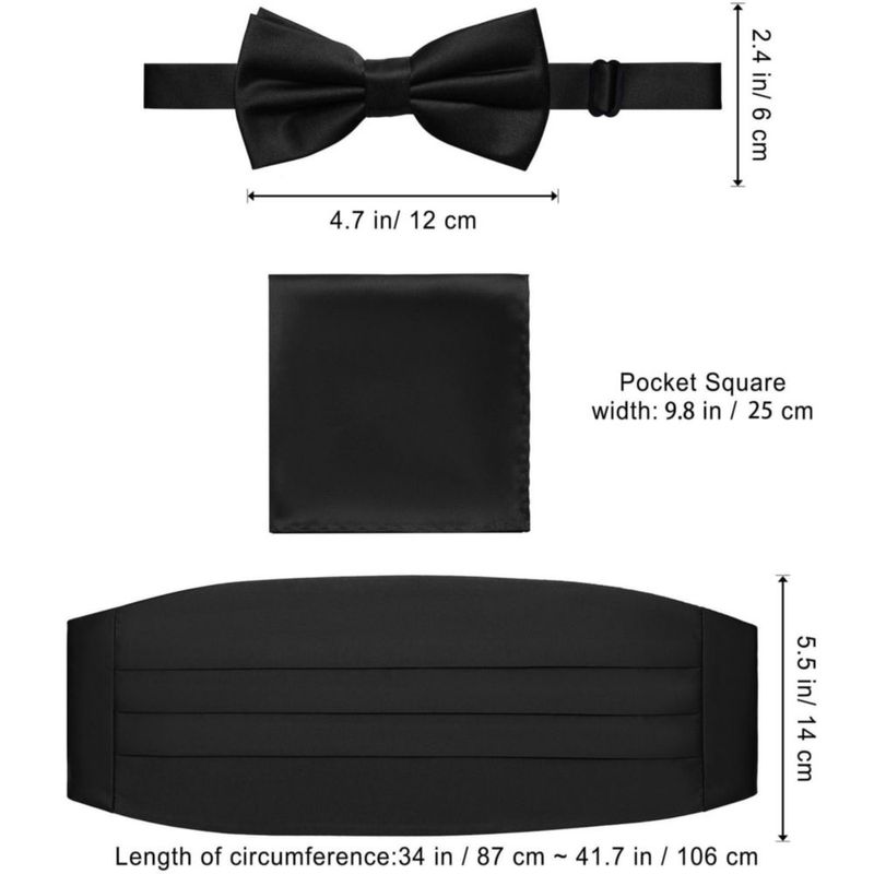 Set de corbata de moño PenSee negro con pañuelo de bolsillo mediano y fajín
