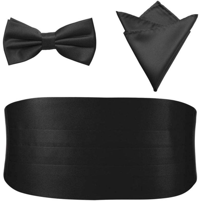 Set de corbata de moño PenSee negro con pañuelo de bolsillo mediano y fajín