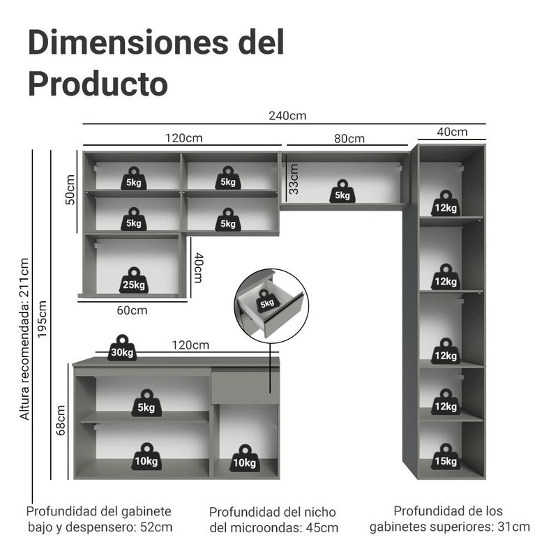 Cocina integral completa modular madesa nice 240cm gris 10