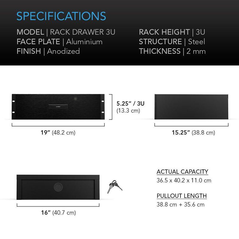 Cajón para rack montaje AC Infinity 3U de aluminio con llave de seguridad