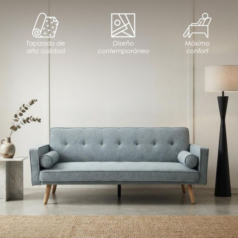 Ilios Innova | Sofá Cama Marin Gris Convertible 2 Plazas, Textil Resistente, Estilo Nórdico Minimalista con Patas de Madera y 2 Cojines Incluidos