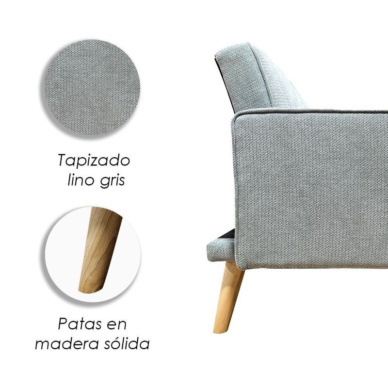 Ilios Innova | Sofá Cama Marin Gris Convertible 2 Plazas, Textil Resistente, Estilo Nórdico Minimalista con Patas de Madera y 2 Cojines Incluidos