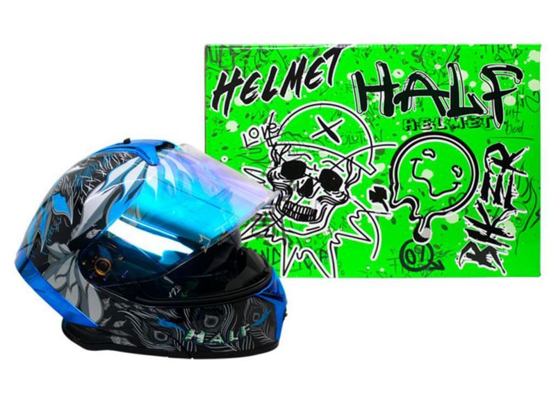 Casco Para Moto Abatible Alebrije Half Gris Doble Visor Revo Azul Transparente Lente Humo Certificado Dot Talla M