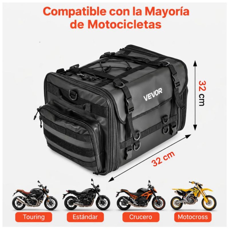 VEVOR Bolsa de Cola para Motocicleta, expandible de 40L a 60L - Bolsa de asiento trasero de motocicleta con cubierta impermeable para lluvia - Negra