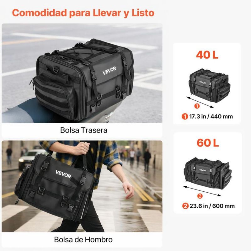 VEVOR Bolsa de Cola para Motocicleta, expandible de 40L a 60L - Bolsa de asiento trasero de motocicleta con cubierta impermeable para lluvia - Negra