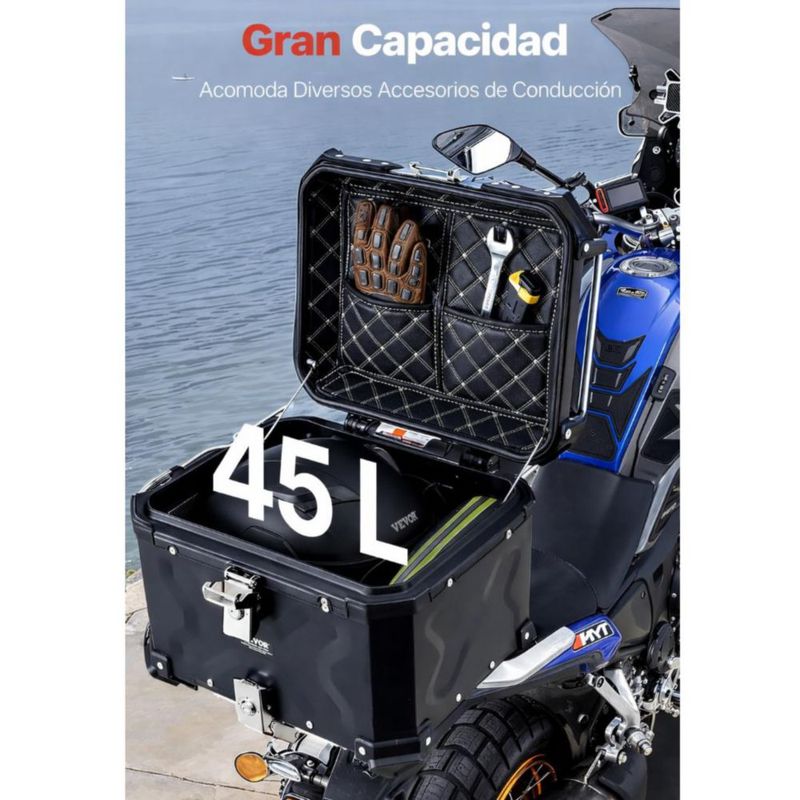 VEVOR Maletero Porta Equipaje - Caja para Motocicleta de 45L, Caja Trasera de Aluminio - Soporte universal - Con cerradura y almohadilla trasera