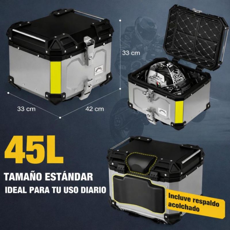GURBLOFY Maletero Porta Equipaje - Caja para Motocicleta de 45L, Caja Trasera de Aluminio - soporte universal - Sistema Antirrobo, Impermeable - Plata