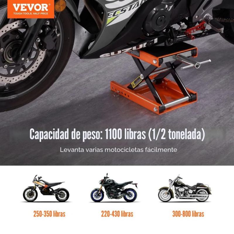 VEVOR Elevador de Motocicleta 1000 LBS Gato de Tijera Ajustable con Plataforma Ancha y Seguro