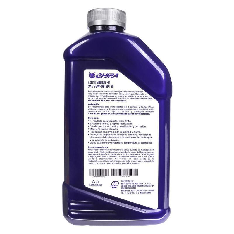Aceite sf 20w50 mineral 0.946l (c/12) moto 4t ghira (codigo anterior 71-8000-012