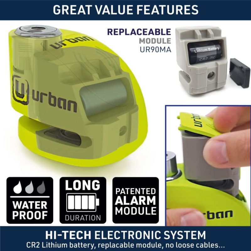 Candado de disco urban UR906X con alarma impermeable de 120 dB y cable