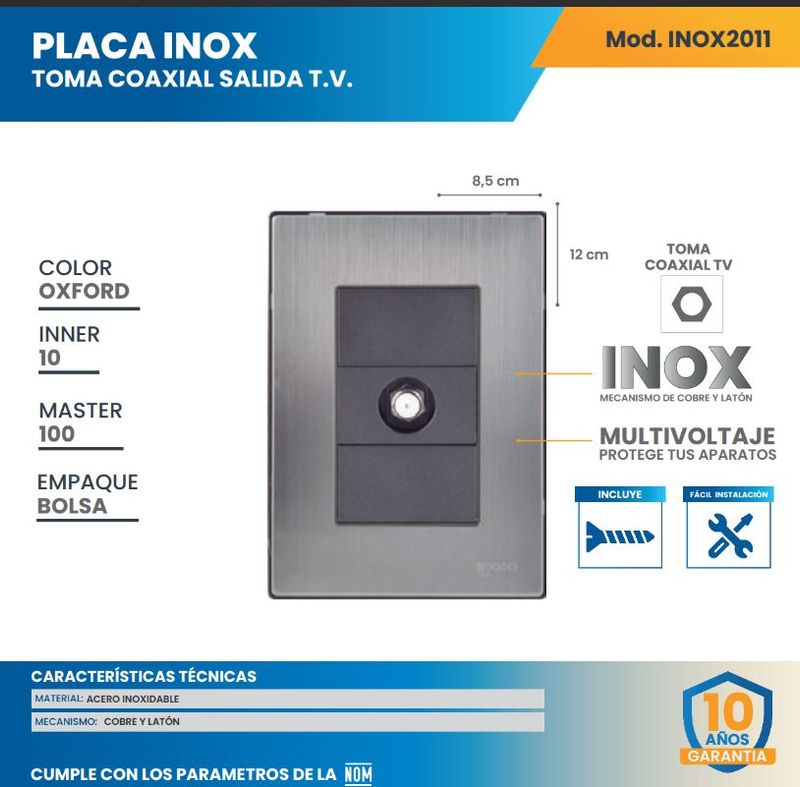 Placa Armada con Toma Coaxial para TV Acero Inoxidable Color Oxford Igoto