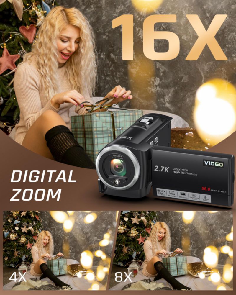 Cámara de video Fxmug 2.7K 56MP 16x zoom pantalla LCD de 2.8"