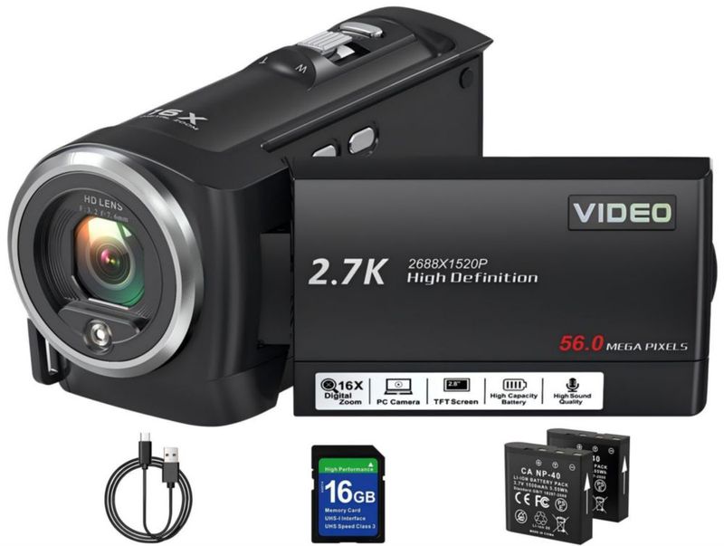 Cámara de video Fxmug 2.7K 56MP 16x zoom pantalla LCD de 2.8"