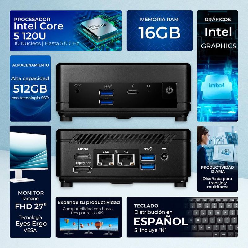 Computadora mini pc msi cubi core 5 16gb 512gb monitor 27"