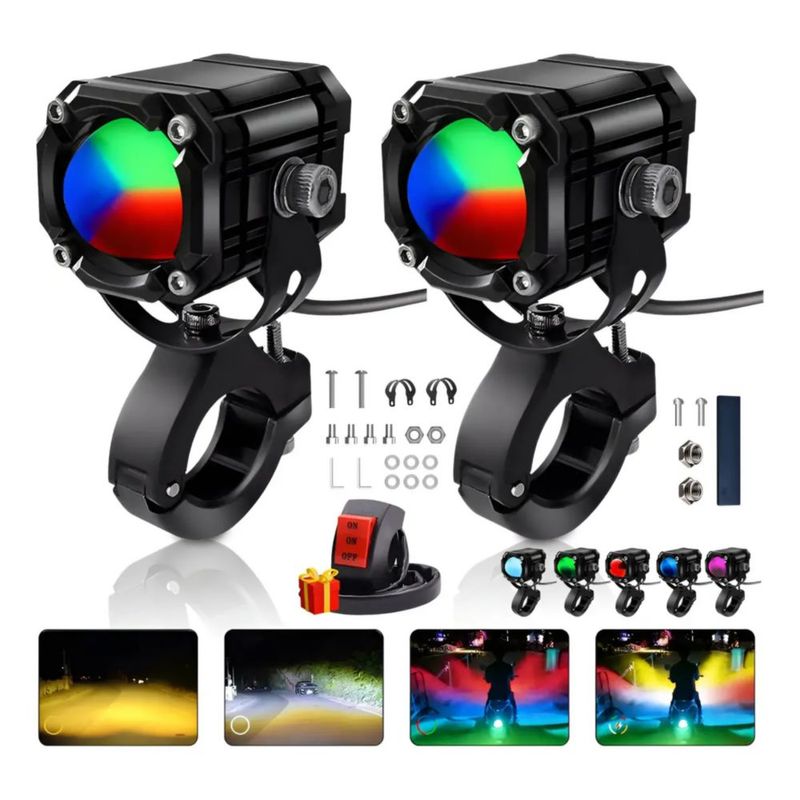 2 Faros Luces Led Auxiliares 4 Modos Lupa Para Moto, Color Negro, Multicolor