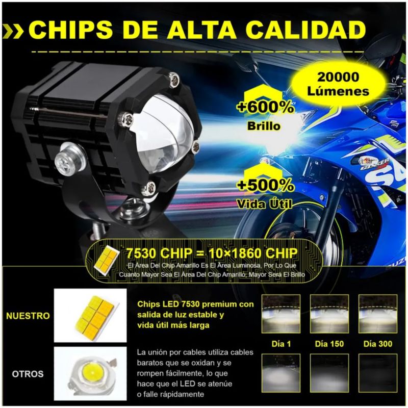 2 Faros Luces Led Auxiliares 4 Modos Lupa Para Moto, Color Negro, Multicolor