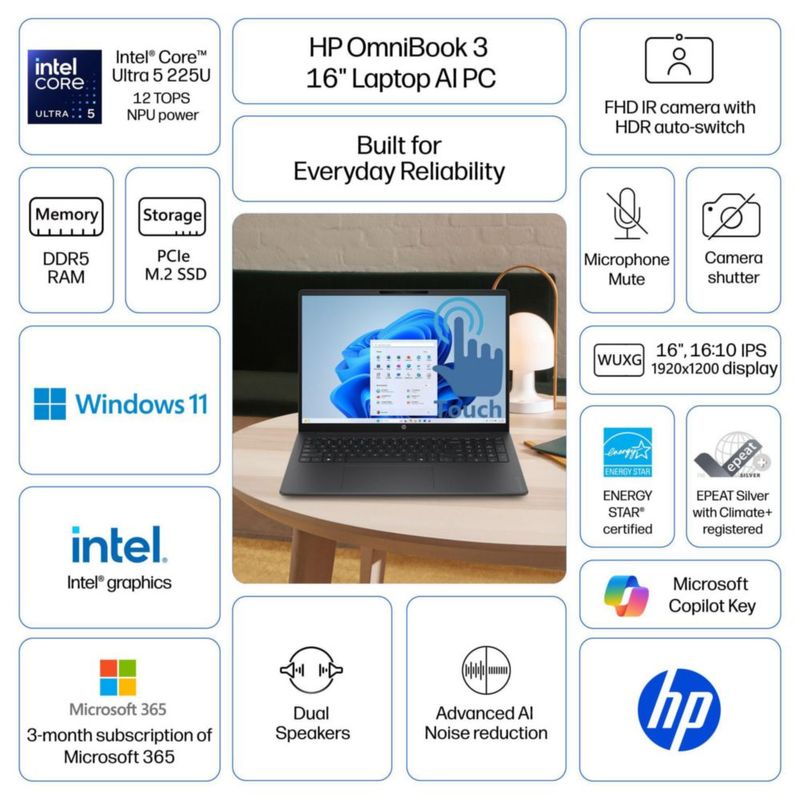 Portátil HP Pavilion 16" Ultra 5 512 GB SSD + 500 GB Wi‑Fi 7