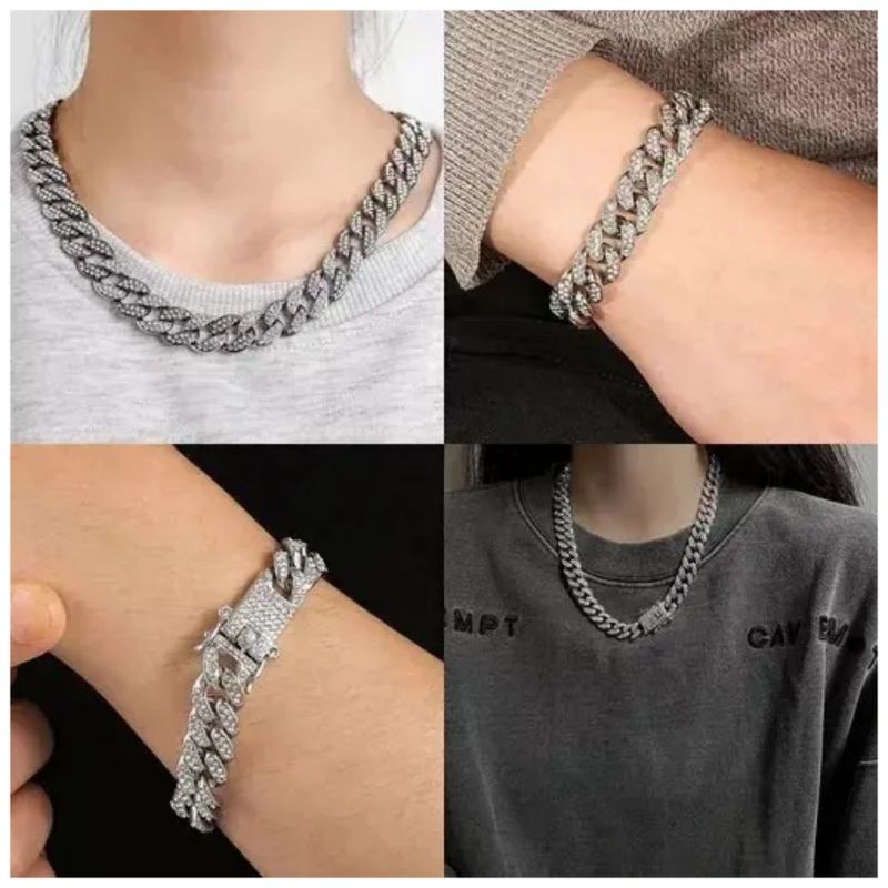 Collar Para Hombre Zirconia Cadena Cubana Diamantada Color Plateado