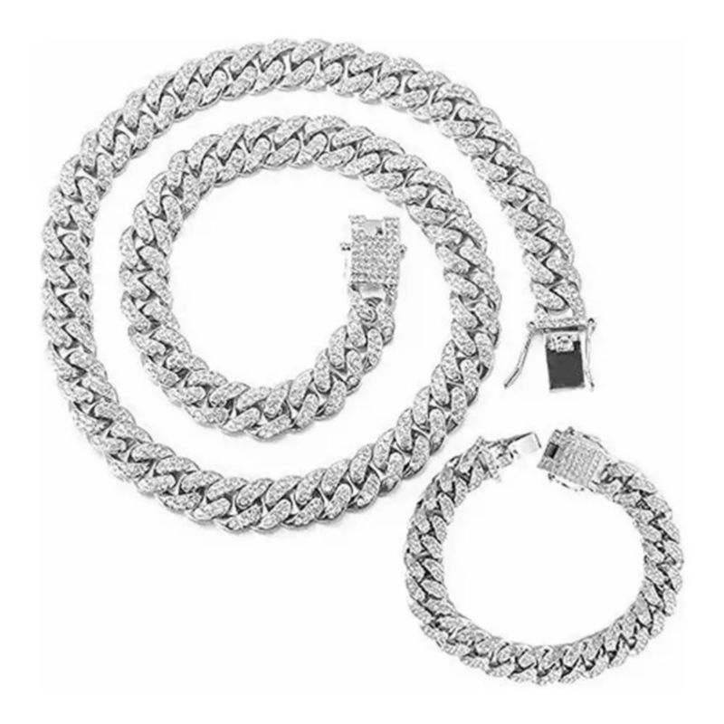 Collar Para Hombre Zirconia Cadena Cubana Diamantada Color Plateado